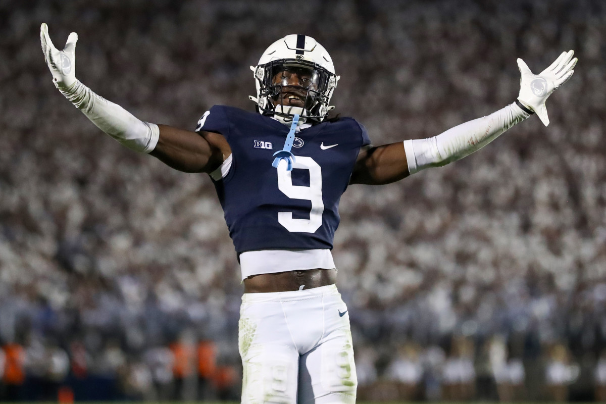 Penn State cornerback Joey Porter Jr. gestures to Nittany Lions fans at Beaver Stadium.